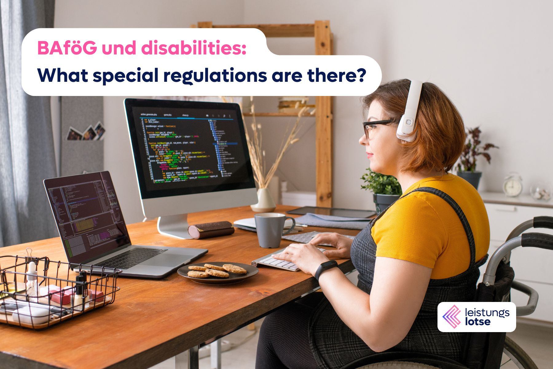 Young woman in a wheelchair sits at her desk, looks at two screens and types on her keyboard