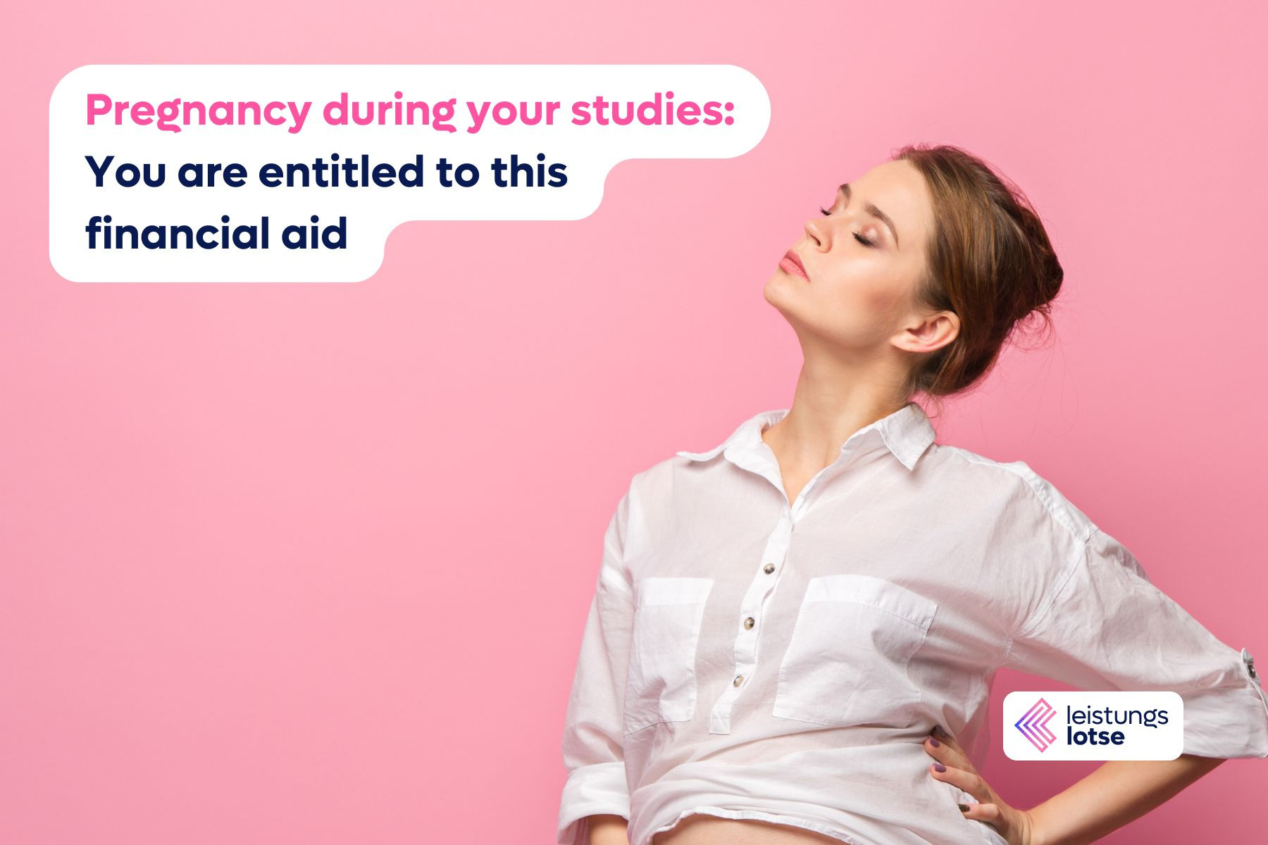 Pregnant woman with white blouse looks up with closed eyes and angles her arm to her hip