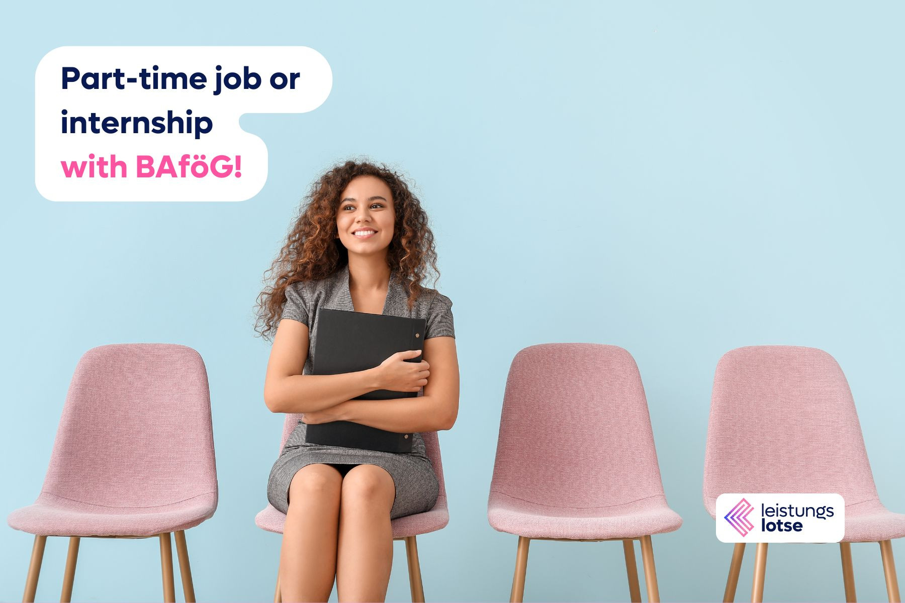 Young woman with laptop sits on a pink chair and has 3 other empty chairs next to her