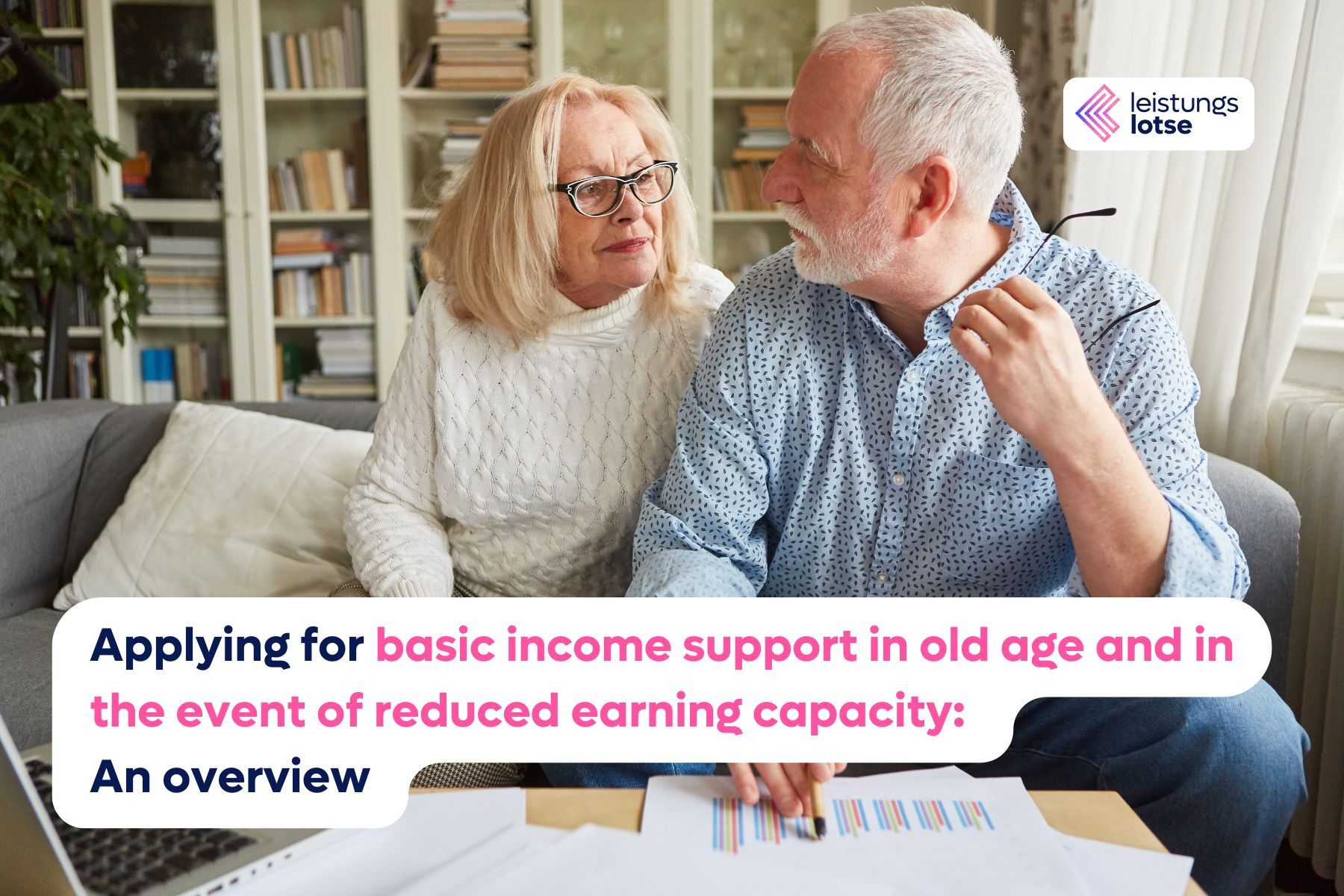 An elderly couple sits together on a sofa in a cozy living room and talks.