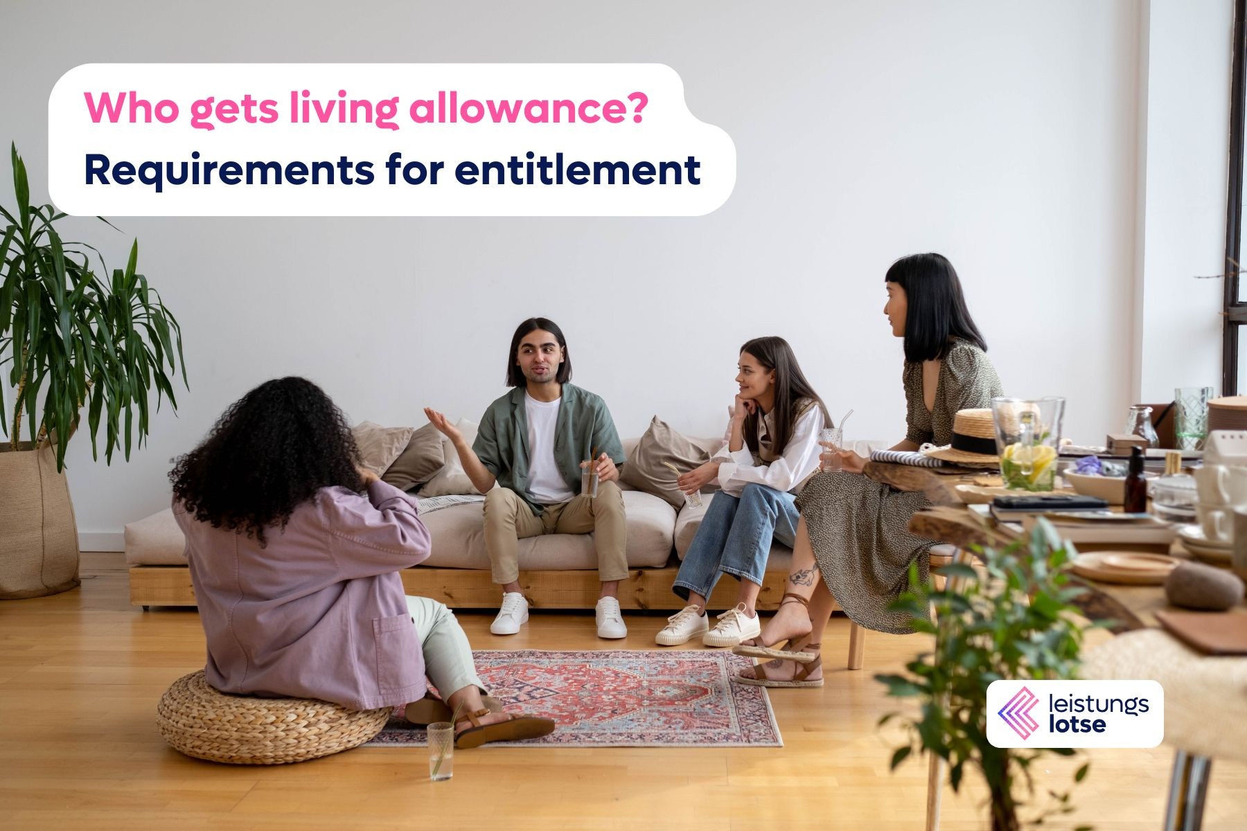 Four young people sitting in a living room and talking to each other
