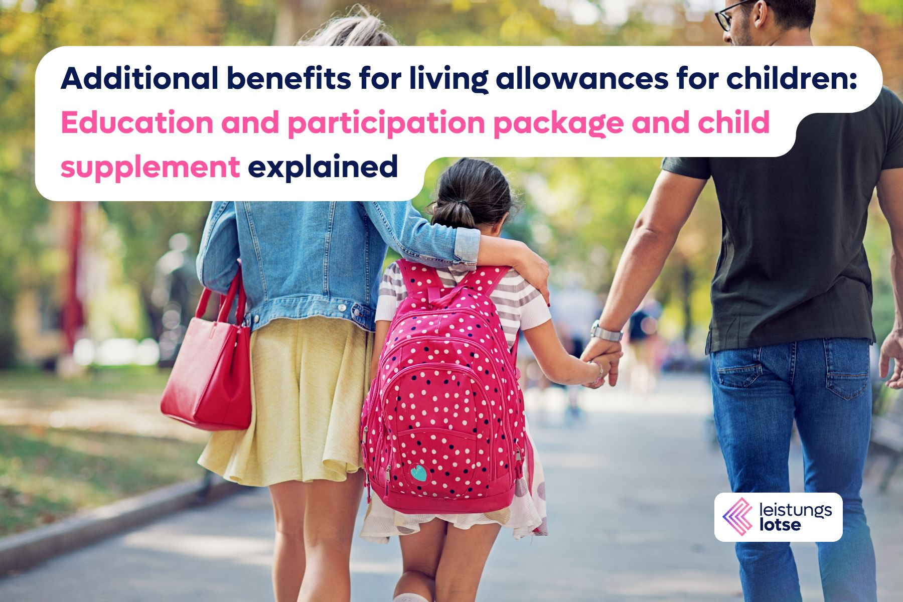 A family with a school-aged child walks hand in hand through a park. The child is carrying a red school bag with white dots.